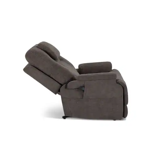 The Model 2 Plus Umber Power Lift Recliner is shown partially reclined, upholstered in brown fabric, and viewed from the side against a white background.