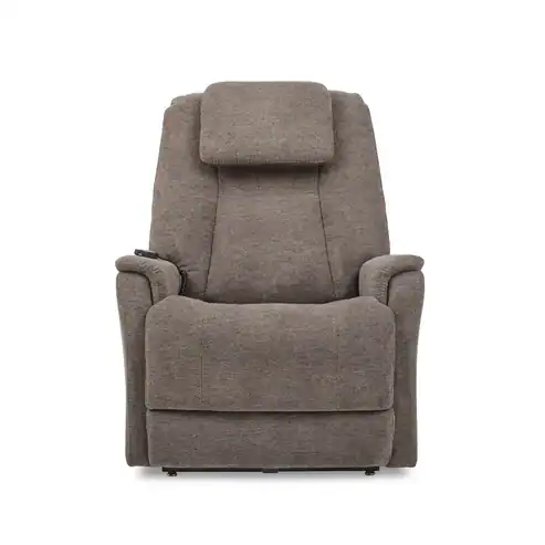 Front view of the Zecliner Model 3+ Umber Power Sleep Chair, highlighting its padded headrest, armrests, and a handy control remote pocket on the right side.