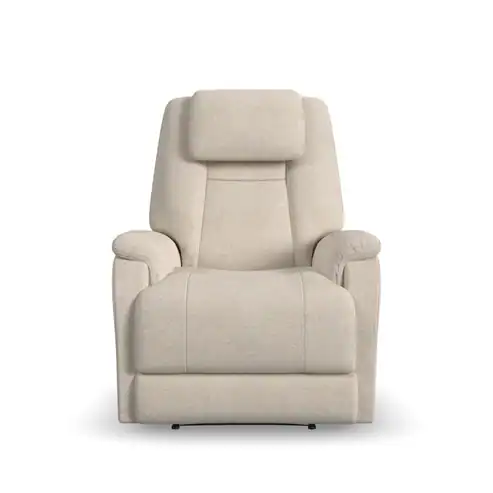 A front-facing view of the Zecliner Model 3+ Umber Power Lift Recliner, showcasing beige upholstery, padded armrests, a cushioned seat, and an attached headrest, set against a white background.