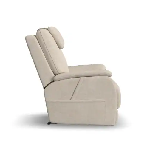 Side view of the Zecliner Model 3+ Umber Power Lift Recliner, showcasing a cushioned headrest, supportive back and seat, soft upholstery, and a convenient side pocket near the base.