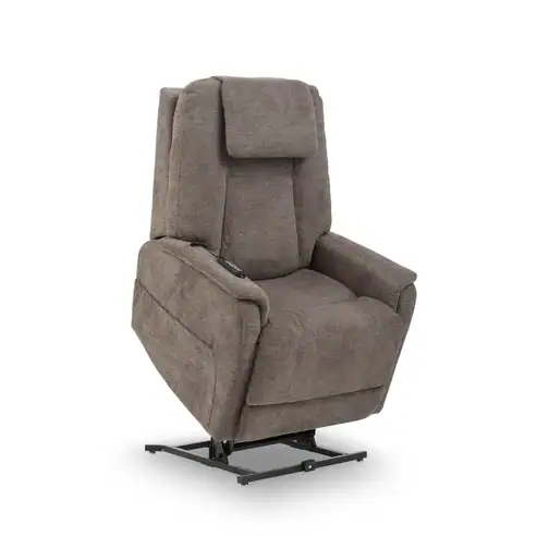 The Zecliner Model 3+ Umber Power Lift Recliner is partially raised, with padded armrests, a supportive headrest, and a convenient handheld remote control on the right arm.