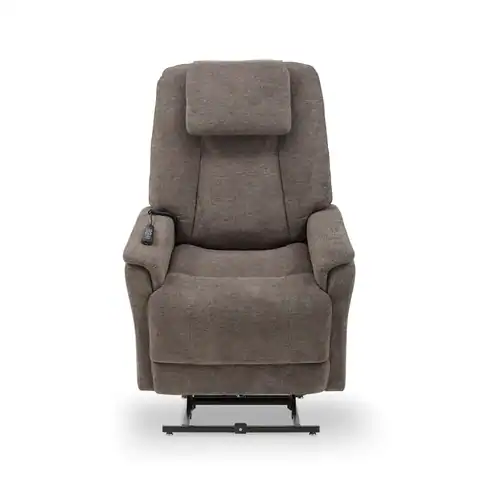 The Zecliner Model 3+ Umber Power Lift Recliner features a headrest, wide armrests, and a handheld remote, shown from the front on a sturdy metal base.