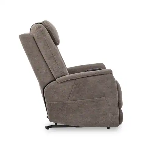 Side view of the Zecliner Model 3+ Umber Power Lift Recliner featuring a high back, padded armrests, and a visible side pocket near the lower section.