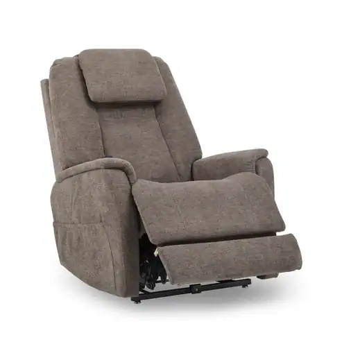 The Zecliner Model 3+ Umber Power Lift Recliner is a brown upholstered chair with cushioned armrests and back, shown partially reclined with the footrest extended.