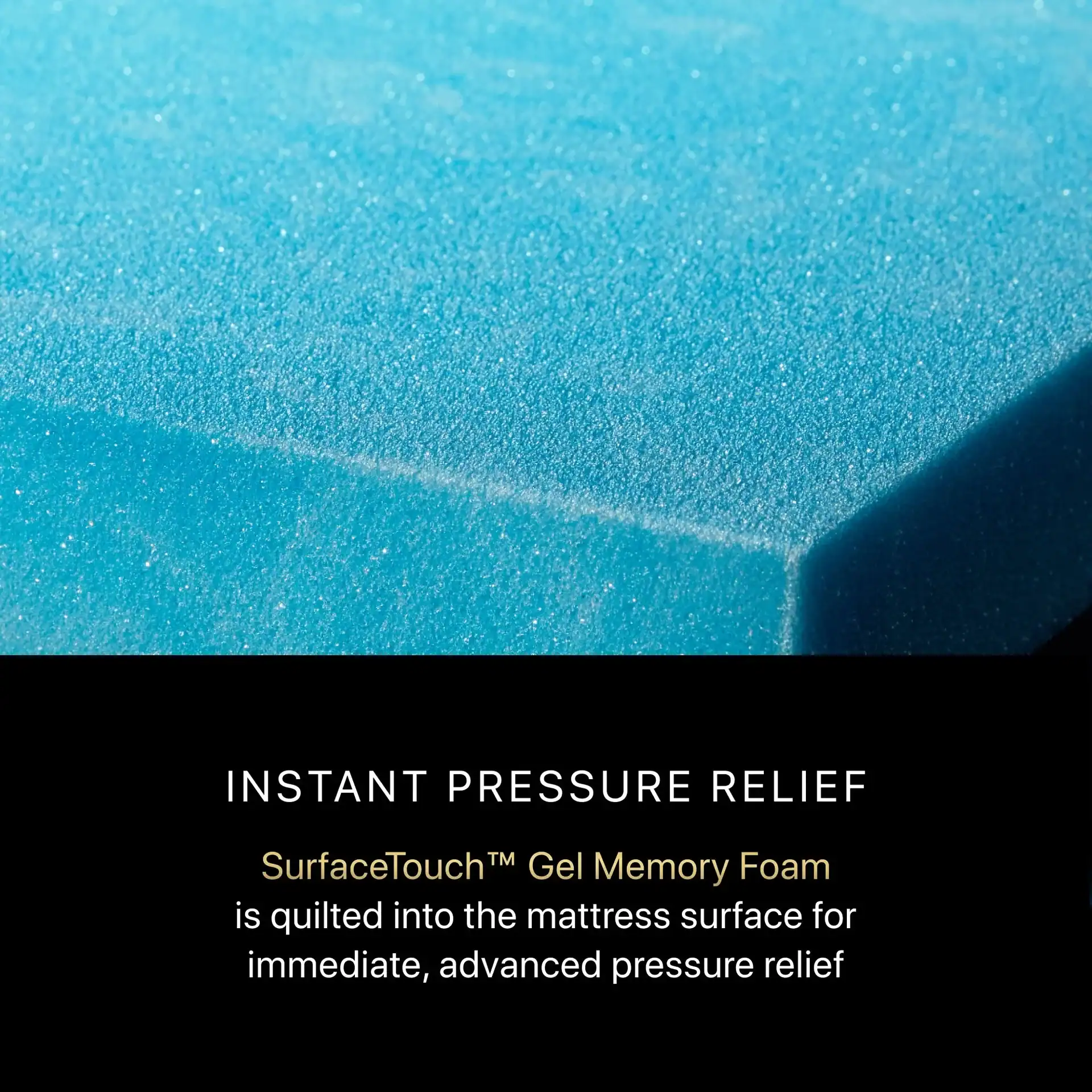 A close-up of the Beautyrest Black® Series Four Medium Pillow Top mattress with blue gel memory foam, SurfaceTouch™ tech for instant pressure relief, advanced comfort, and a luxurious medium pillow top.