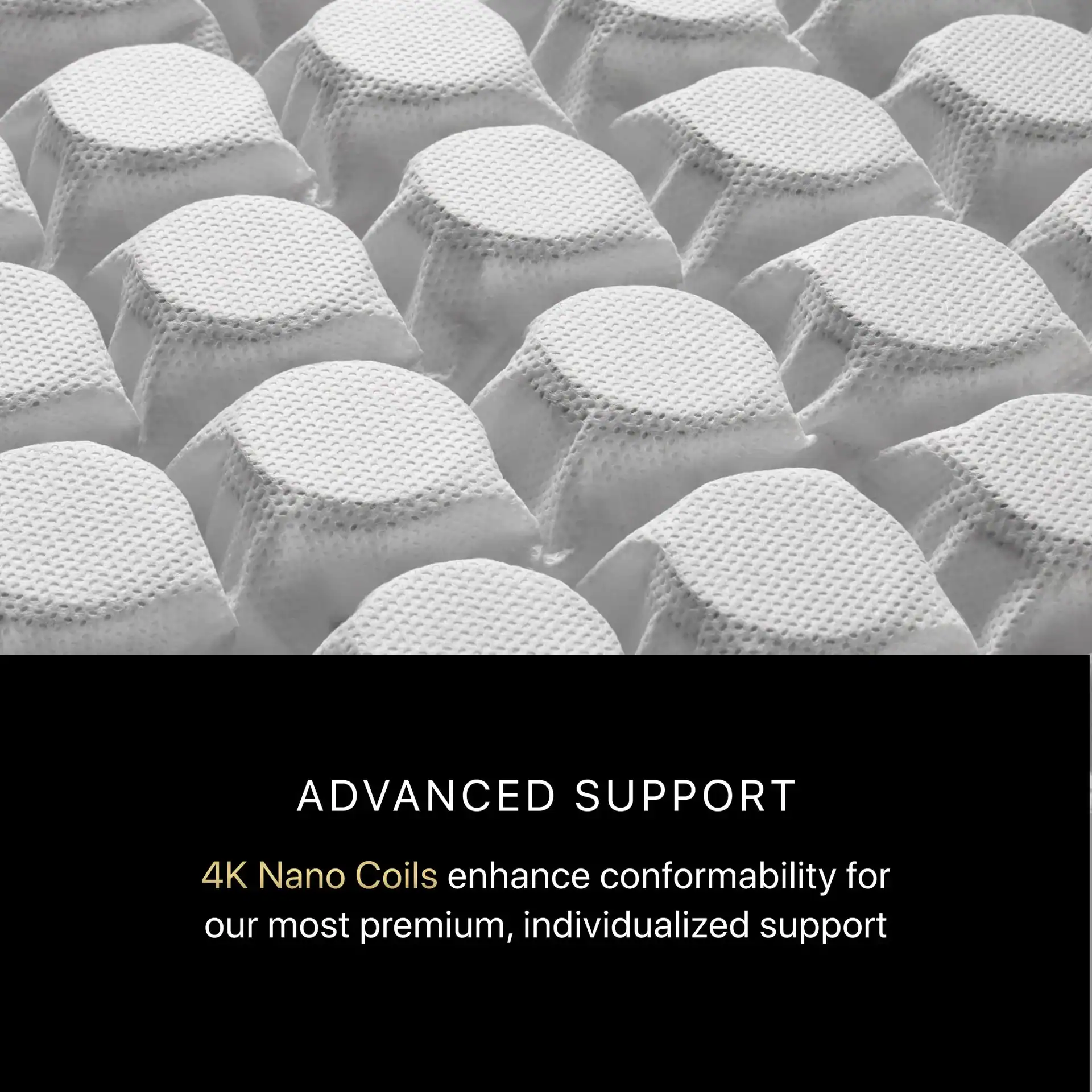 Close-up of white, textured cylindrical coils. Text: "ADVANCED SUPPORT. Beautyrest Black® Series Four Medium Pillow Top uses 4K Nano Coils for enhanced conformability, individualized support, and a plush medium pillow top feel.
