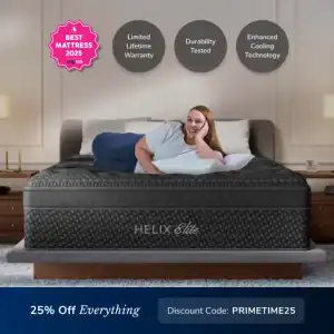 A smiling woman relaxes on a Helix Twilight Elite (Copy) mattress in a modern bedroom. Text showcases top awards, premium features, and a 25% off code: PRIMETIME25.