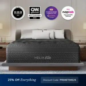 A modern bedroom with a Helix Midnight Elite (Copy) mattress on a platform bed, awards above the headboard, and a banner below offering 25% off everything with code PRIMETIME25.