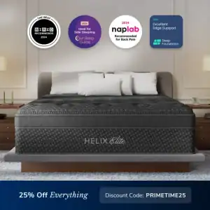 A modern luxury bedroom showcases a Helix Sunset Elite (Copy) mattress on a gray bed with a dark comforter. Three award badges appear above, and below, 25% off everything is offered with code PRIMETIME25.