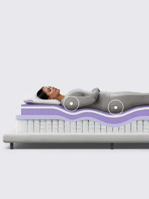 A woman in gray lies on her side atop a bed frame, resting on a pillow and the PurplePlus Mattress (Copy), which shows visible layers and wavy contours that highlight support zones at her shoulder, hip, and knee.