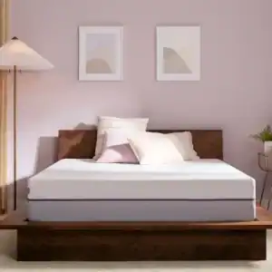 A modern bedroom includes a wooden platform bed with a neatly made mattress and pillows. The Zecliner Model 1 Power Sleep Chair (Copy) sits nearby, complementing the mauve wall, minimalist art, floor lamp, and a small plant.