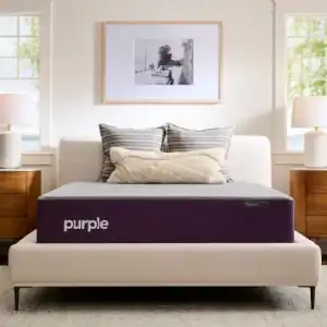A modern bedroom showcases a beige upholstered bed with stacked pillows, a PurplePlus Mattress, wooden nightstands with lamps, and a framed photo overhead. Sunlight pours in from two windows, illuminating the cozy space.