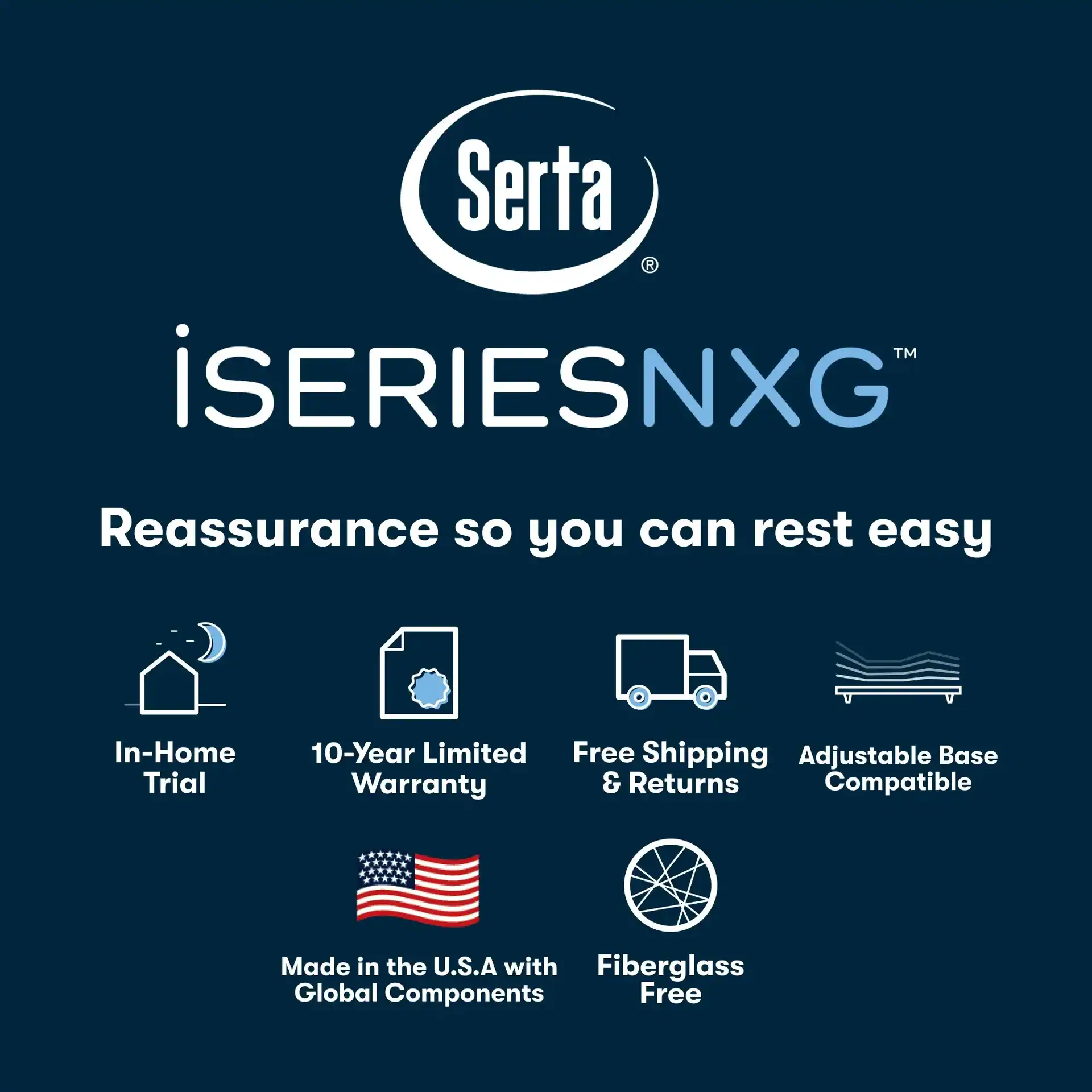 Serta iSeries NXG 3500 Hybrid — Firm: Enjoy a fiberglass-free, USA-made mattress with firm support, a 10-year limited warranty, free shipping/returns, an in-home trial, and adjustable base compatibility.