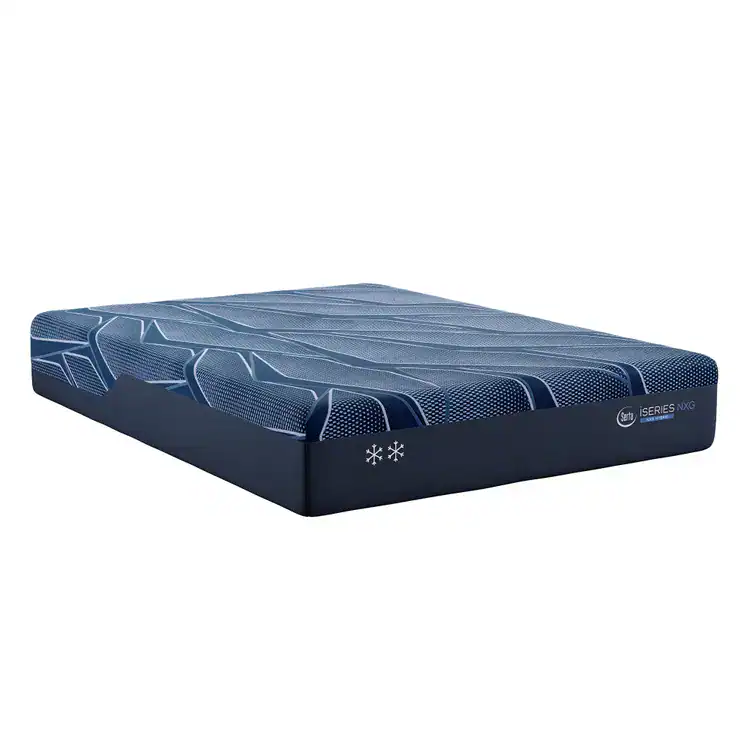 A blue Serta iSeries NXG 1500 Hybrid — Firm mattress features a geometric pattern, cooling symbols, and an iSeries logo on the side, providing advanced hybrid support for a comfortable night's sleep.