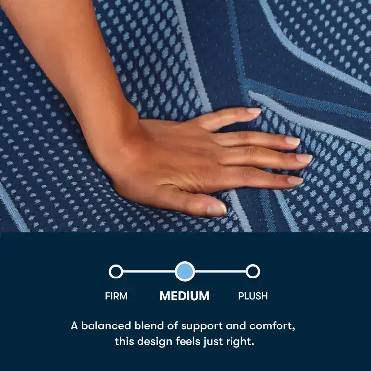A hand presses down on a blue Serta iSeries NXG 1500 Hybrid — Firm mattress cover with geometric patterns, illustrating its firm feel. Below, a scale marks "Firm" with a caption about enhanced support and lasting comfort.