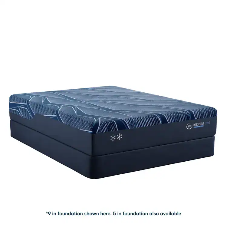 A dark blue Serta iSeries NXG 1500 Hybrid — Firm mattress with a geometric pattern sits on a matching foundation. Features include cooling technology, "iSeries" branding, and a choice of 9" or 5" foundation.