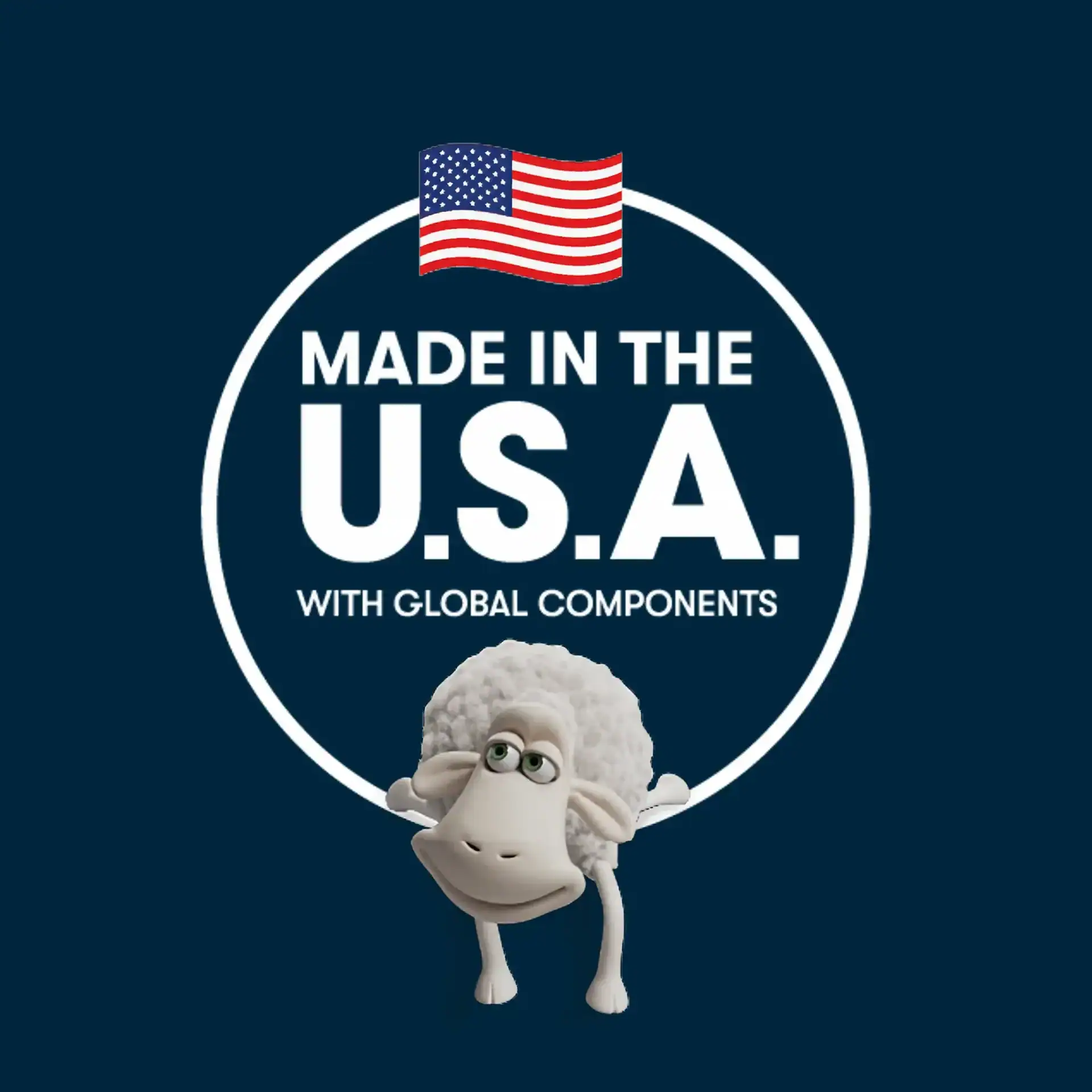 A cartoon sheep stands under a circle with a waving American flag and the text “Made in the U.S.A. With Global Components,” highlighting the quality of the Serta iSeries NXG 3500 Hybrid — Firm mattress on a dark blue background.