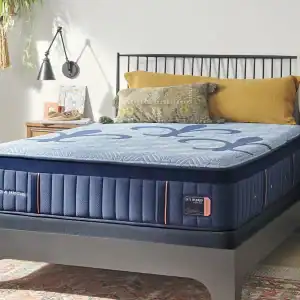 A cozy, sunlit bedroom features a neatly made bed with a blue-patterned Stearns & Foster Lux Hybrid Elite 14.5″ Firm Mattress, metal headboard, mustard and green pillows, plants, wall art, and a rug on the floor.