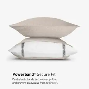 Two beige pillows stacked, with the bottom pillow partially covered by a white Hyper - Wool Flannel Performance Sheet, showing gray elastic bands labeled "Powerband®." Text below highlights the Powerband® secure fit feature.