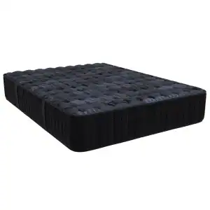 Southerland's Pioneer Firm mattress displays a black and dark blue quilted top with thick woven sides, pictured against a white background.