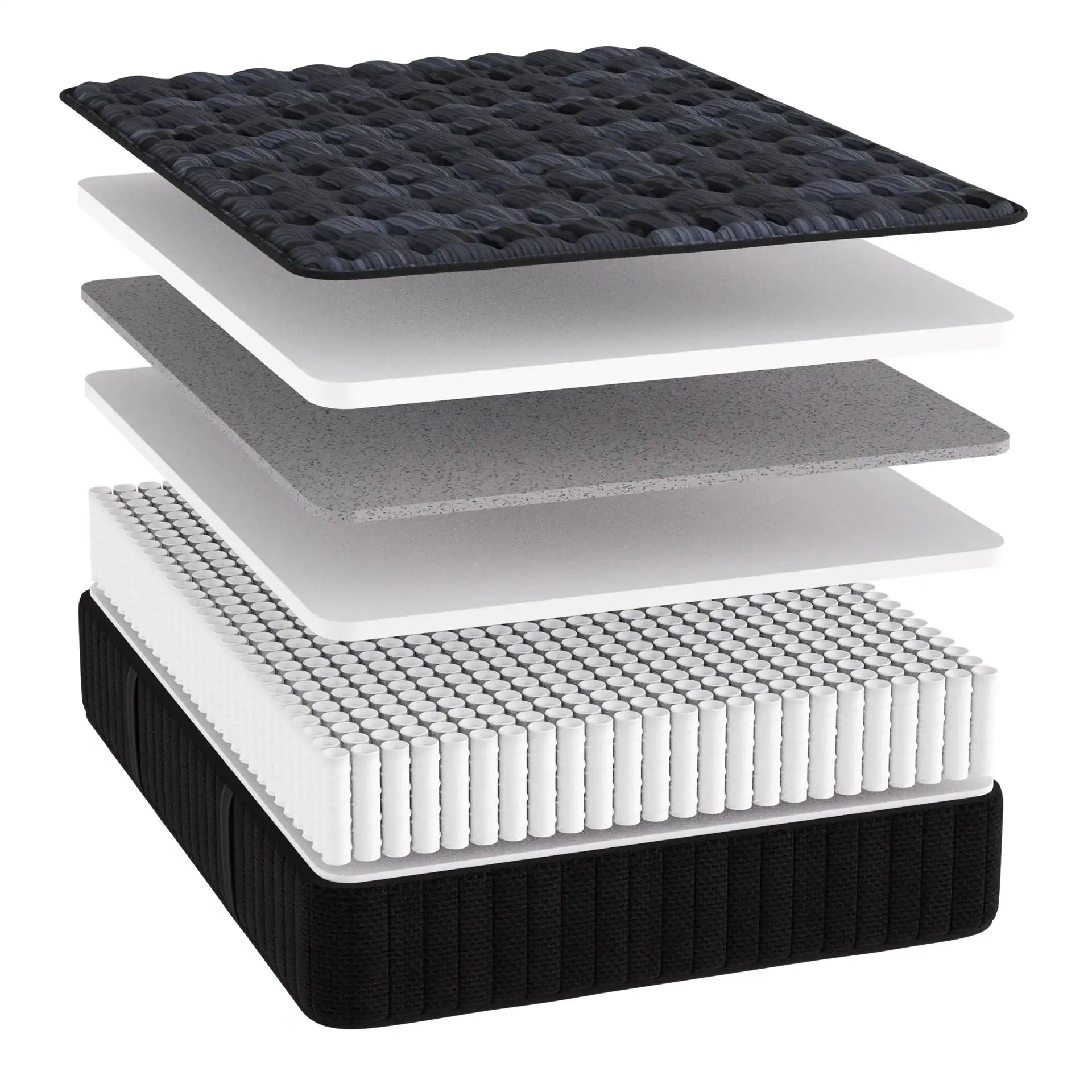 An exploded view of Southerland's Pioneer Firm mattress reveals a black quilted top, several foam and support layers, and a base of individually wrapped white coils above a black fabric-covered foundation.