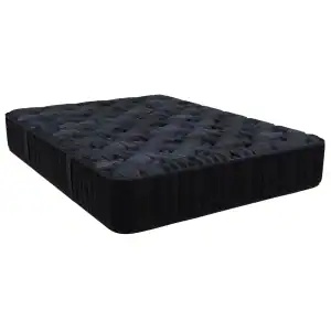 Southerland's Pioneer Medium mattress, in black with dark blue accents and a wavy textured surface, is displayed at an angle against a white background.