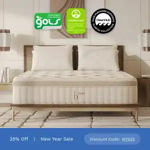 A modern bedroom with a neatly made bed features a cream Birch Elite Natural Mattress. Three eco-certification logos appear above the bed. A banner below announces 25% off New Year Sale with code NYS25.