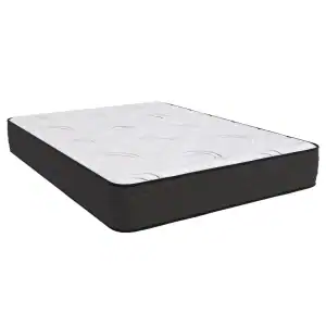 Southerland's Prairie Extra Firm mattress features a white quilted top and dark textured sides, standing out against a plain white background.