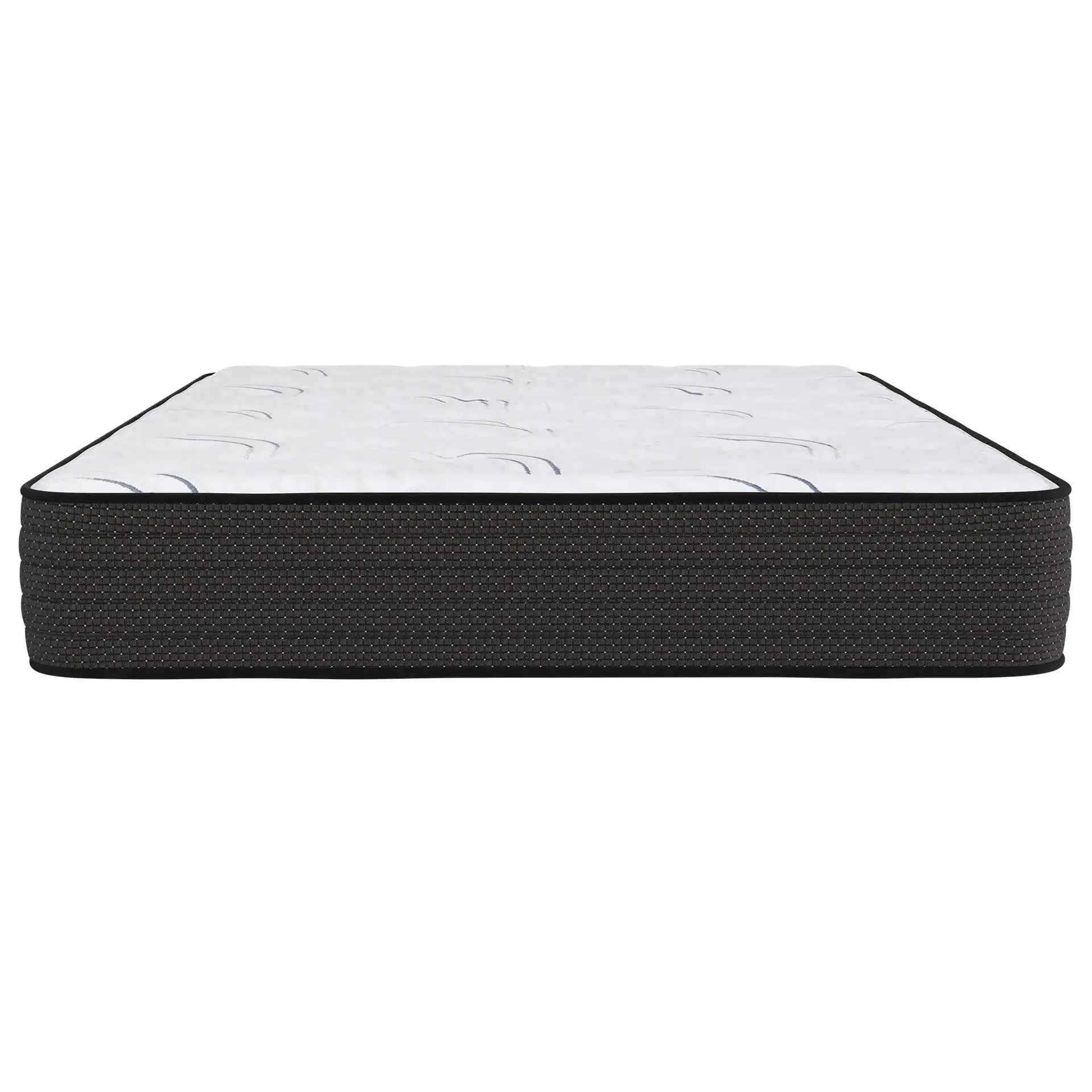 A front view of Southerland's Prairie Extra Firm mattress displays a white top with subtle patterns and a dark, textured side panel.