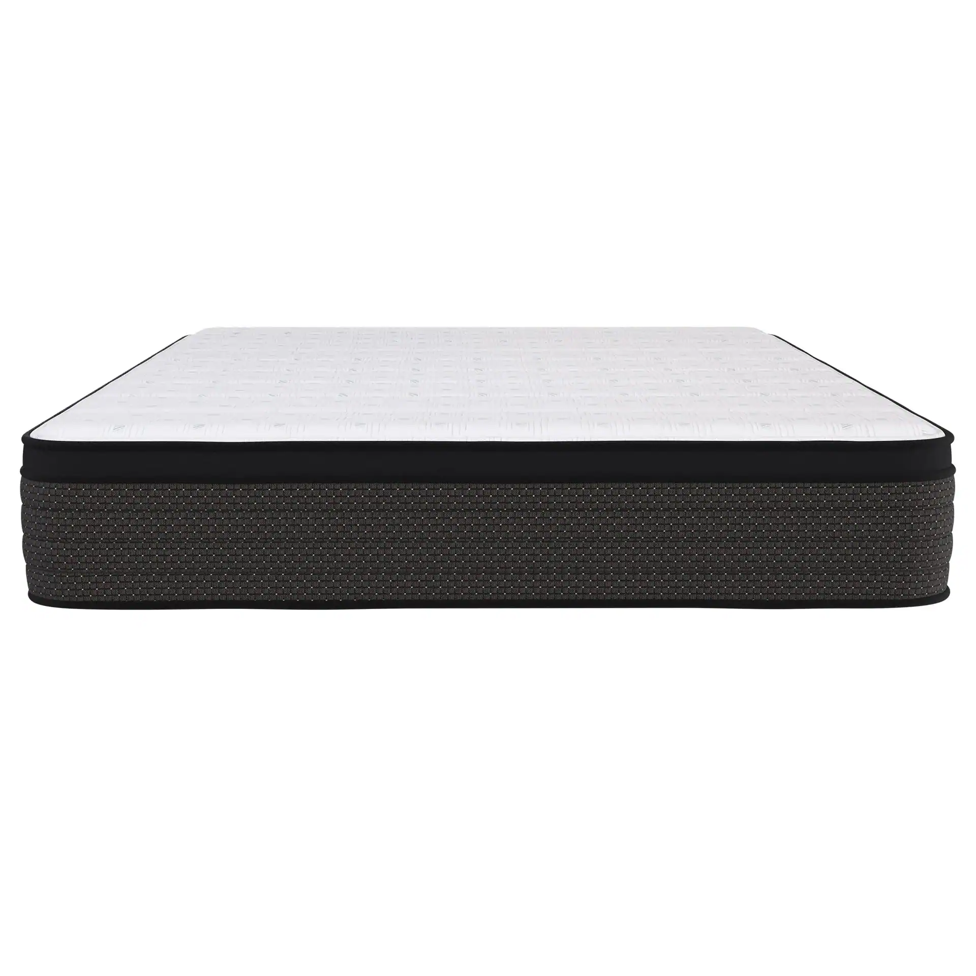 Southerland's Prairie Plush Euro Top mattress is shown from the front, featuring a white top and thick, dark gray patterned sides against a plain white background.