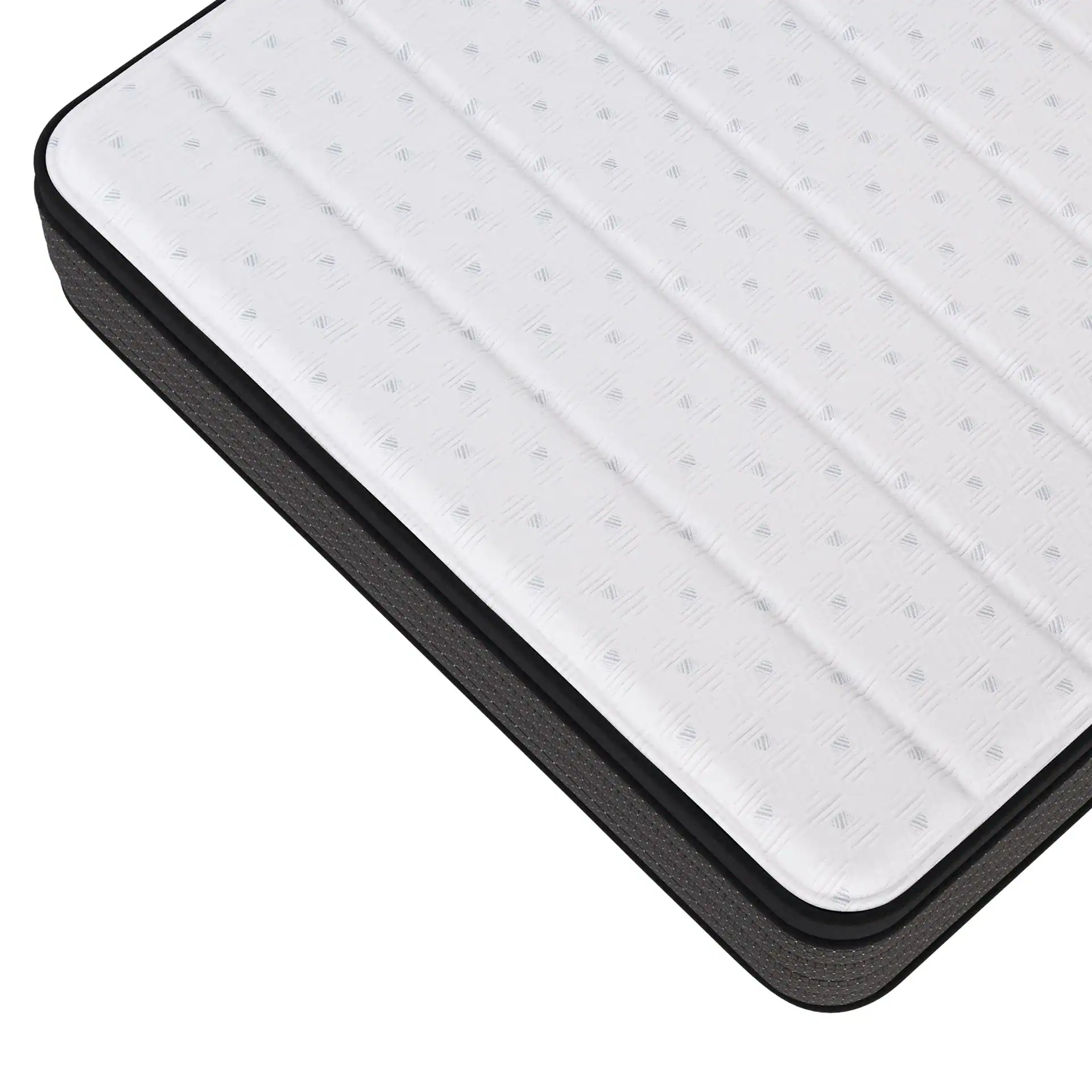 A close-up of the Southerland's Prairie Plush Euro Top mattress highlights its white, quilted Euro Top, black fabric border, and subtly patterned surface texture.