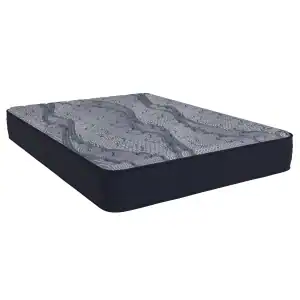 The Southerland's Santa Fe Euro Top (Copy) is a rectangular mattress with a dark blue base and a wavy, abstract gray and white patterned top, featuring thick, supportive construction for enhanced comfort.