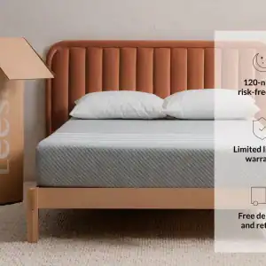 A neatly made bed with a padded headboard and two white pillows is next to an open Leesa Original Mattress box. Enjoy a 120-night risk-free trial, limited lifetime warranty, and free delivery and returns with the Leesa Original Mattress.