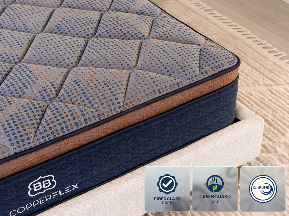Close-up of the CopperFlex Hybrid 12" mattress featuring a quilted patterned top and navy blue sides labeled "Copper-Flex." Icons below indicate it's fiberglass free, GREENGUARD Gold, and CertiPUR-US certified.