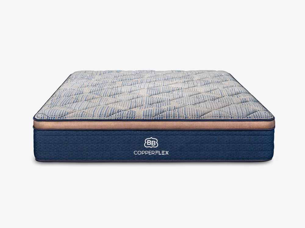 The CopperFlex Hybrid 12" mattress features a patterned top, blue sides, brown trim, and displays the "BB" logo with "Copper Flex" text on the front, set against a plain white background.