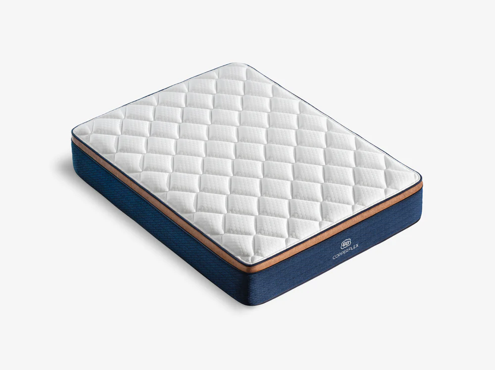 The CopperFlex Pro Hybrid 14" mattress, with a white quilted top, dark blue sides, and a brown accent strip around the edges, is displayed on a plain white background.