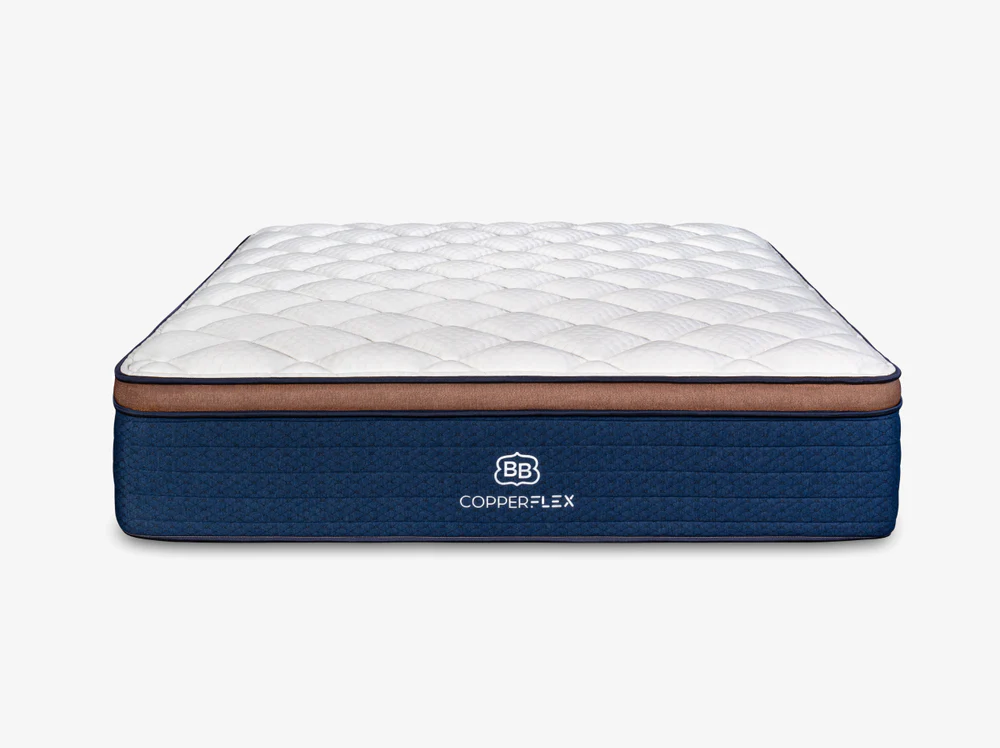 The CopperFlex Pro Hybrid 14" mattress features a plush, thick build with a white quilted top, brown trim, and dark blue sides labeled "BB" and "COPPERFLEX," displayed against a plain white background.