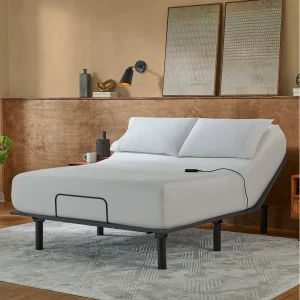 The Baselogic™ Bronze Adjustable Base with white bedding and two pillows is featured in a cozy bedroom with neutral decor, wood wall panels, framed art, a small nightstand with decor items, and a remote control resting on the bed.